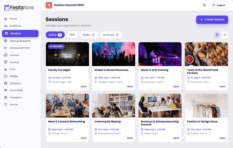 FeatsNow organizer portal — sessions
